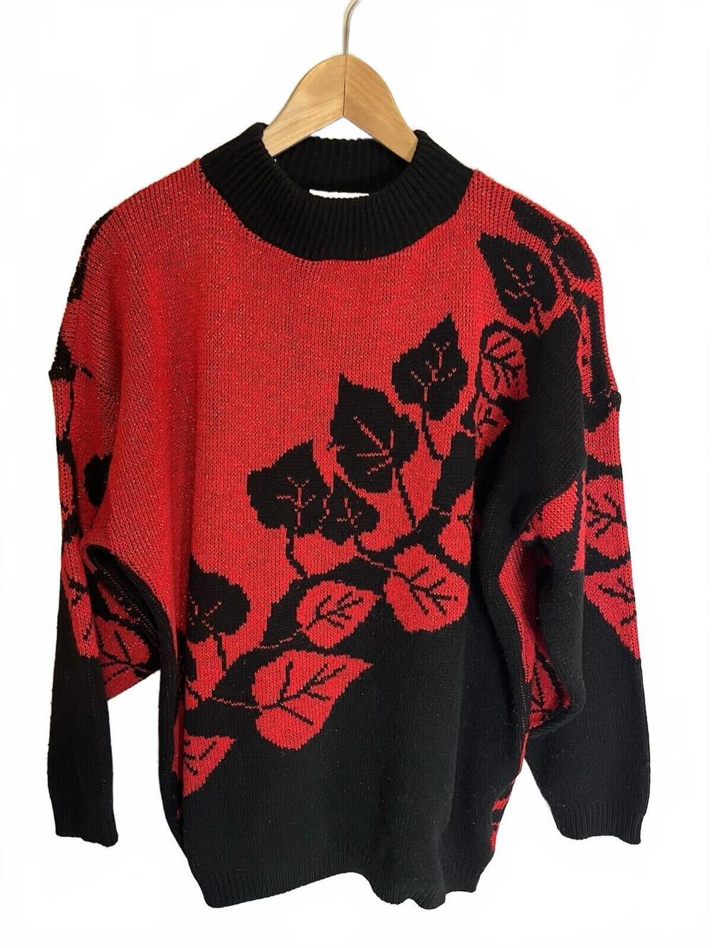 Vintage Arielle Womens Glitter Red Black Floral Tunic Sweater XL USA Holiday
